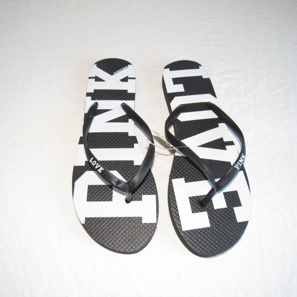 Victoria's Secret PINK Flip Flop Thong Sandal Shoe Black White Small 5/6 NWT